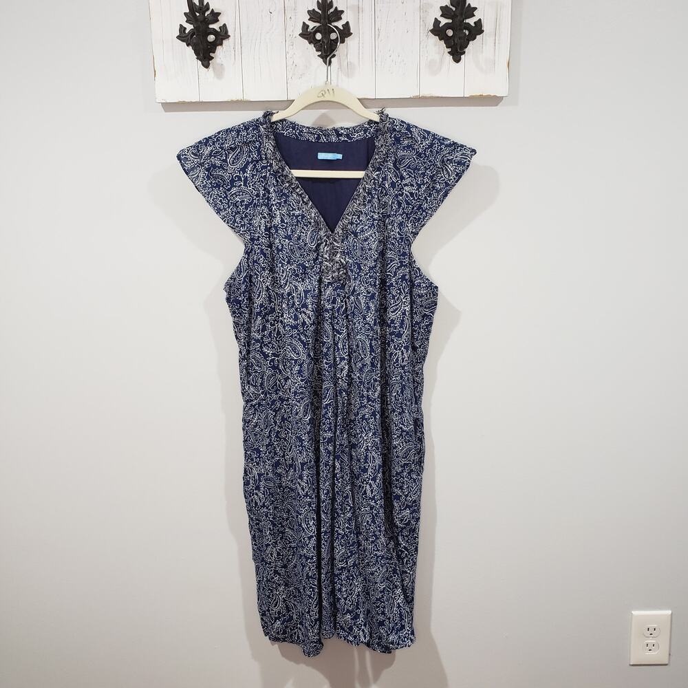 J McLaughlin Ottilie Paisley Ruffle Dress Navy White Womens XL